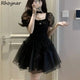 Black Mini Dress Women Bodycone High Waisted Puff Sleeve Sexy Summer Kawaii Girlish Lolita Vintage A-line Vestidos Temper French